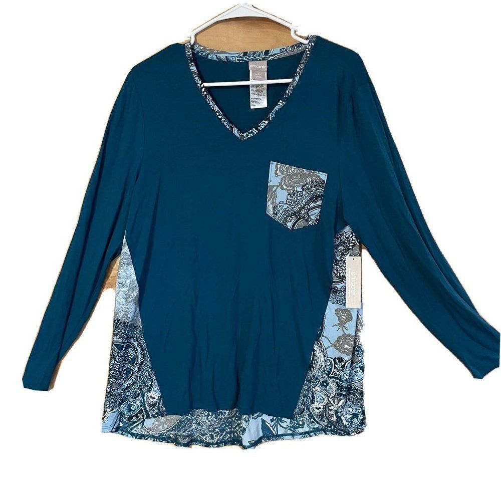 NWT Chico’s womens sz 2 medium Paisley Woven-Back Tunic teal Shirts